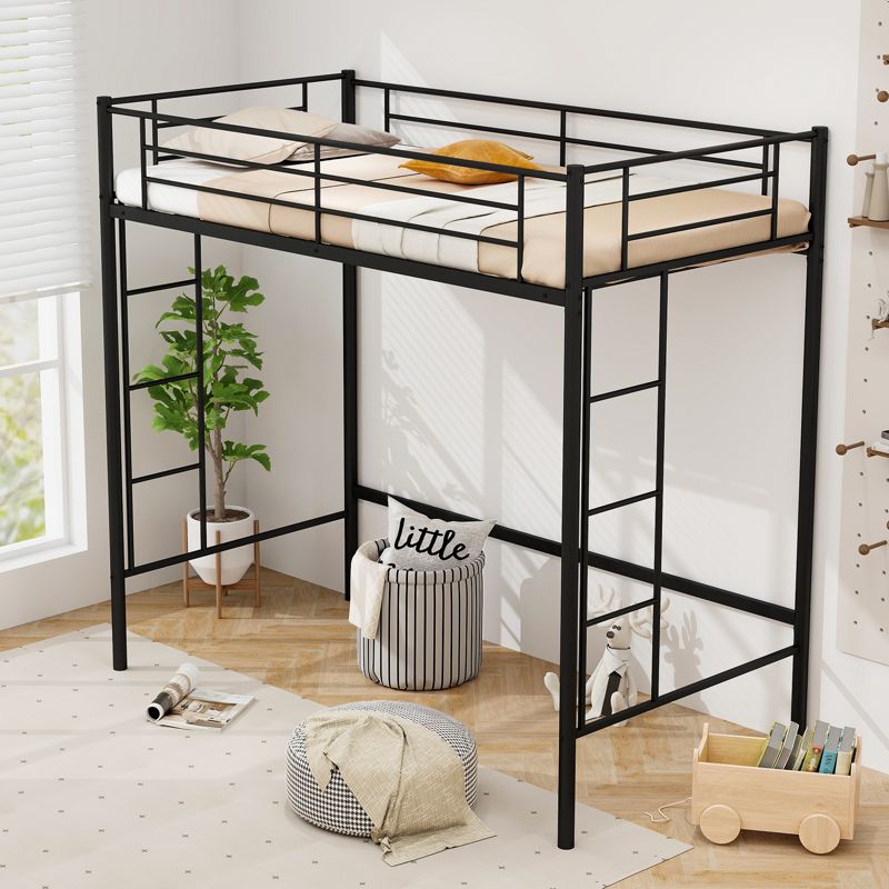 Tangkula Metal Twin Size Loft Bed Heavy Duty Loft Bed Frame with Safety Guardrail 2 Integrated Ladders Space-Saving Design Black/Silver/White, 2 of 9