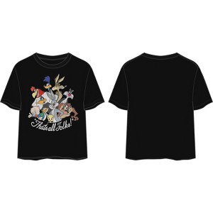 Looney Tunes Characters That's All Folks Women's Black Crop Top - 1 of 3