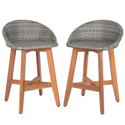 Costway Outdoor Faux Rattan Bar Chairs Set of 2/4 Solid Acacia Wood Bar Stools for Porch Brown/Gray