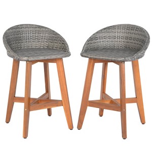 Costway Outdoor Faux Rattan Bar Chairs Set of 2/4 Solid Acacia Wood Bar Stools for Porch Brown/Gray - 1 of 1