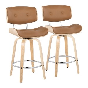 26" Faux Leather Padded Mid-Century Modern Counter Stool with Swivel and Round Metal Footrest for Kitchen Island or Home Bar, Set of 2 - 1 of 4