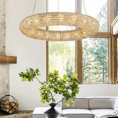 ALOADECOR 18-Light 41 inch Unique/Statement Soft Gold Wagon Wheel Chandelier With Crystal Beads Accents