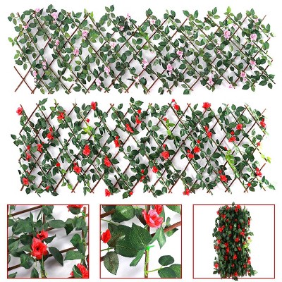 GOTGELIF 79" x 13" Expandable Flower Stand with Silk Flowers Wooden Fence for Gardens, Patios