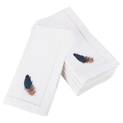 6pk White Embroidered Brown Feather Design Napkin 20" - Saro Lifestyle