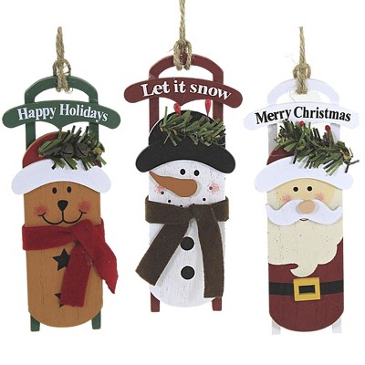 Holiday Ornament 5.75" Sleigh Character Set Of 3 Wooden Christmas Santa Snowman  -  Tree Ornaments