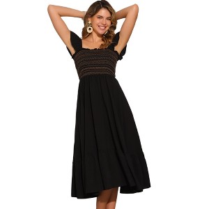 INSPIRE CHIC Women's Boho Square Neck Ruffle Trim Flowy Smocked Midi Sundresses - 1 of 4