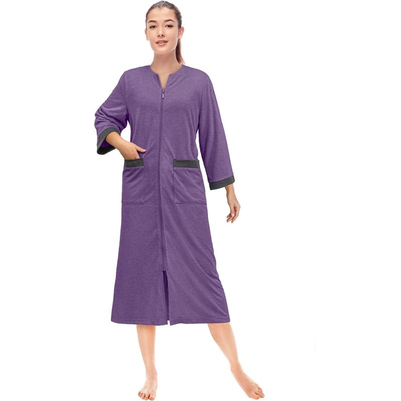 PAVILIA Women Zipper Robe, Loungewear Dress Lightweight Sleepwear Housecoat Nightgown Long Bathrobe, Jersey Robe with Pocket, 3 of 9