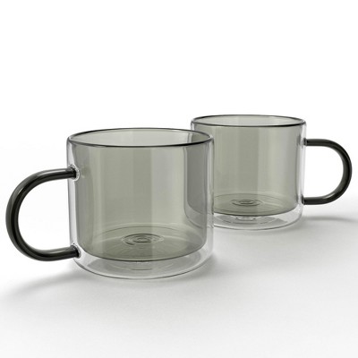 Elle Decor Double Wall Coffee Cups, Set of 2, Cute Coffee, Tea, and Milk Glass Mugs with Handle, Insulated Espresso Cup, 10-Ounce, Gray