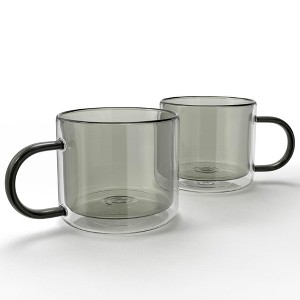 Elle Decor Double Wall Coffee Cups, Set of 2, Cute Coffee, Tea, and Milk Glass Mugs with Handle, Insulated Espresso Cup, 10-Ounce, Gray - 1 of 4