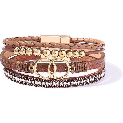 Boho Wrap Bracelet with Infinity Design, Leather Cuff Bangle with Magnetic Clasp, Stackable Jewelry Gift for Mom