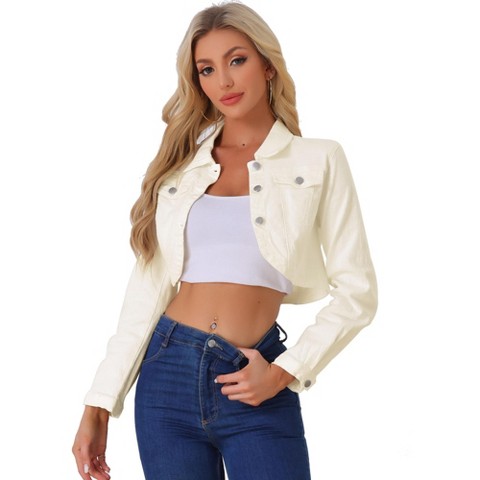 INSPIRE CHIC Women's Collared Button Down Long Sleeve Crop Jean Jacket X-Large Beige
