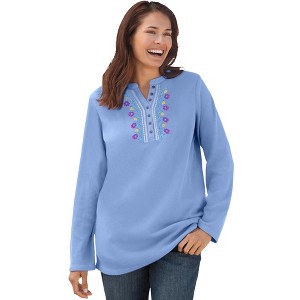 Woman Within Plus Size Embroidered Thermal Henley Tee - 1 of 4