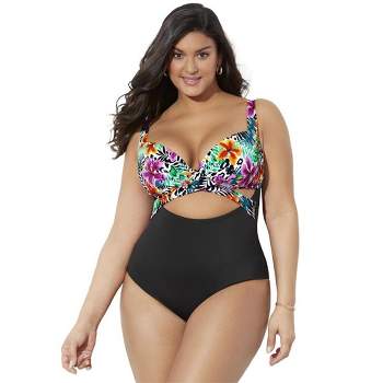 Swimsuits For All Women's Plus Size Cut Out Mesh Underwire One Piece  Swimsuit, 14 - Black White Jungle : Target