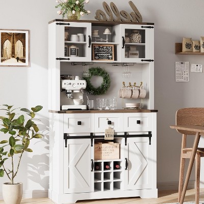 72" Kitchen Pantry Storage Cabinet with Hutch and Sliding Barn Door, Farmhouse Tall Buffet Cabinet with Drawers