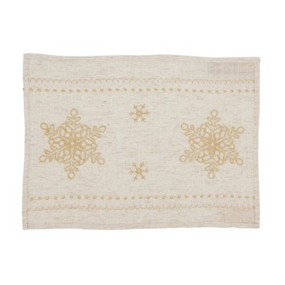 Elegant Beige Linen and Polyester Snowflake Embroidered Placemats, Set of 4