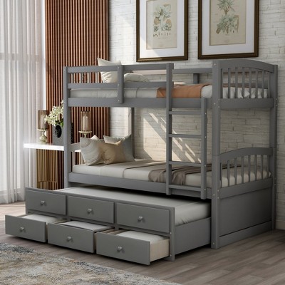 Twin Over Twin Bunk Bed with Trundle and 3 Storage Drawers, Convertible Wood Frame with Ladder and Slats, No Box Spring Needed