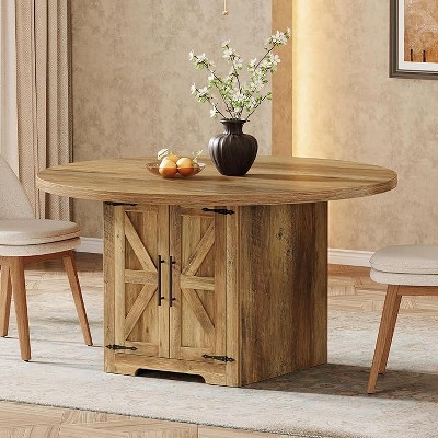 Tribesigns Round Dining Table for 4-6, 47-Inch Circle Kitchen Table with Storage Cabinet, Farmhouse Kitchen & Dining Room Furniture, Brown