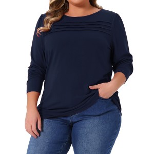Women's Plus Size Crew Neck Front Tucks Detail Long Sleeve Solid Casual Basic Tunic Blouse - Agnes Orinda - 1 of 4