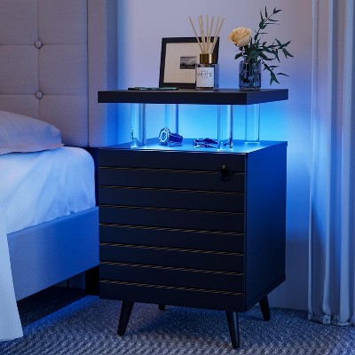 Modern Nightstand with LED Lights Bedside Table with Drawers 4 Acrylic Freestanding End Side Table for Bedroom Living Room Black