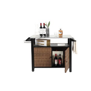 Gulches Brown Outdoor Wicker Bar Cart - Rolling Kitchen Island with Stainless Steel Expandable Tabletop, Storage Cabinet & Wheels - 1 of 4