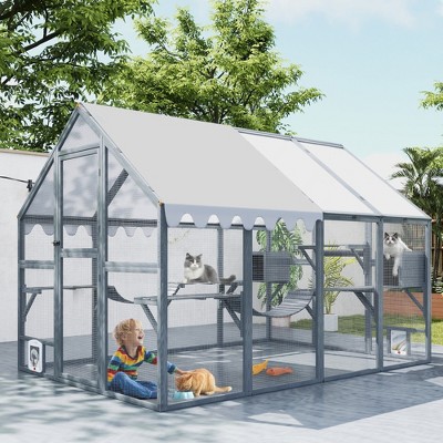 FURNIinspire Pet Crates and Houses Wooden Cat Catio, Outdoor Large Cat Playpen with Platforms, Sunshine Boards, Grey, 68.31"*108.26"*59.84"