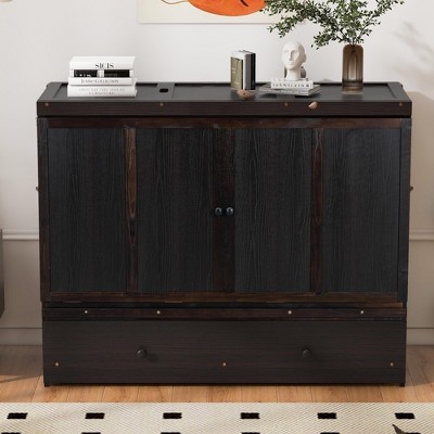 Full/Queen Murphy Bed, Wooden Murphy Bed Frame with Large Drawers, Chest Cabinet Bed with USB Ports