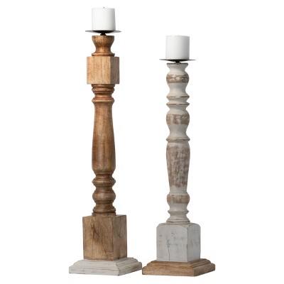 Set of 2 Natural Wood Pillar Candle Holders - Foreside Home & Garden