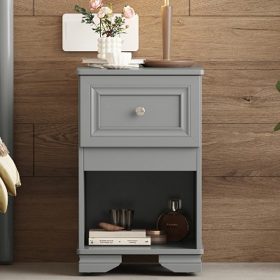 Elegant Nightstand with Drawer and Open Shelf for Bedroom, Retro Style Bedside Table with Metal Handle - ModernLuxe