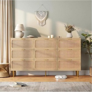 GAOMON 9 Rattan Drawer Dresser with Deep Storage & Wide Top,26.5''Tall Wood Frame Chest,Large Long Wooden Dresser for Home,Natural Oak - 1 of 4