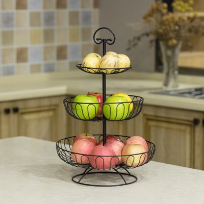 Black Powder-Coated Iron 3-Tier Round Fruit Basket