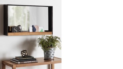 Rustic Brown and Silver 33.1" Wood Bathroom Vanity Mirror with Shelf