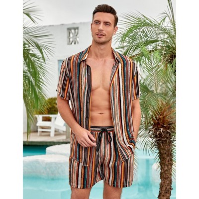 Men's 2 Piece Sets Summer Beach Striped Outfits Casual Short Sleeve T-Shirt and Shorts