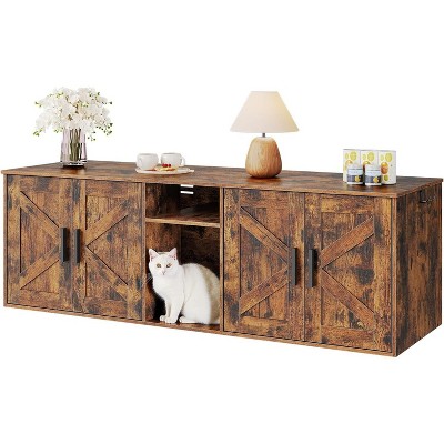 Double Litter Box Enclosure, Hidden Litter Box Enclosure with Corridor Rustic Brown
