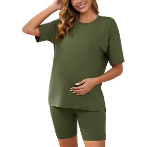INSPIRE CHIC Women Maternity Set Tie Dye Short Sleeve and Shorts Set Pregnancy Pajama Outfits Bike Shorts - 1 of 4