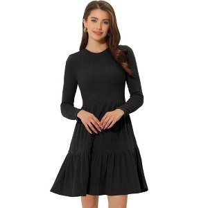 Allegra K Women's Knitted Crewneck Long Sleeves Fit and Flare Sweater Dress - 1 of 4