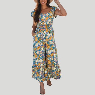 Amaryllis Women’s Floral Smocked Wide Leg Jumpsuit Ruffle Sleeve Scoop Neck Cropped Pant One-Piece with Pockets