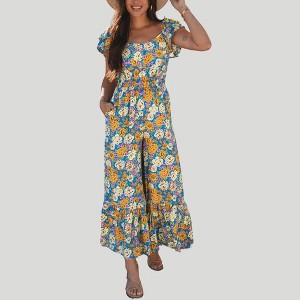 Amaryllis Women’s Floral Smocked Wide Leg Jumpsuit Ruffle Sleeve Scoop Neck Cropped Pant One-Piece with Pockets - 1 of 4