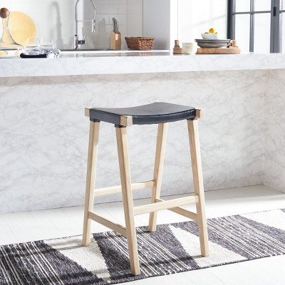Aariz 30" Black Leather and Natural Wood Saddle Barstool