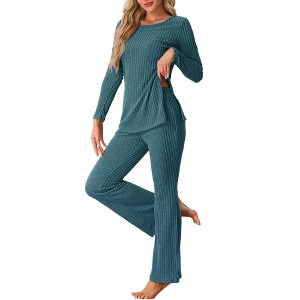 cheibear Women's Ribbed Knit Long Sleeves Top and Pants Two Piece Winter Pajama Sets - 1 of 4