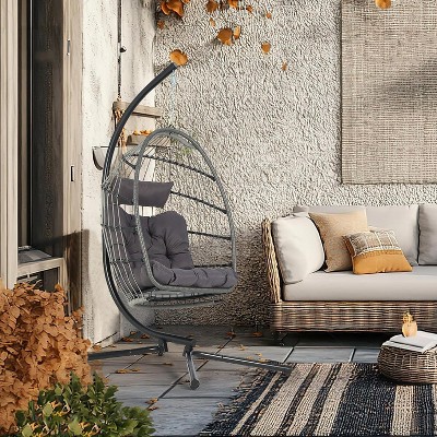 Patio Swing Chair with Stand and Rattan Wicker, 350 lbs Capacity Outdoor and Indoor Hammock Chair with Waterproof Cushion for Living room,Patio