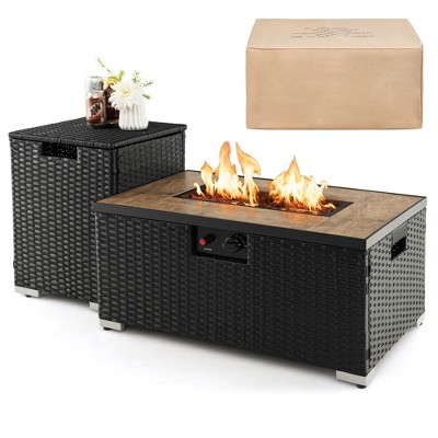 Tangkula 32"x 20" Propane Rattan Fire Pit Table Set w/ Side Table Tank & Cover 40,000 BTU