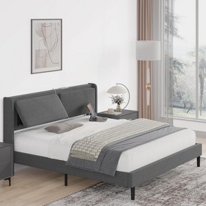 Queen Size Upholstered Bed Frame with USB Charging Ports, Adjustable Headboard & Linen Fabric, No Box Spring Needed, Heavy Duty Mattress Foundation - 1 of 4