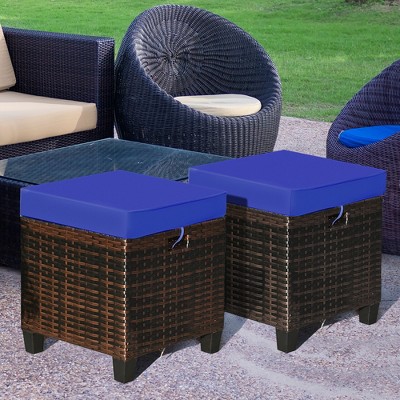 Costway 2PCS Patio Rattan Ottoman Cushioned Seat Foot Rest Coffee Table Furniture Garden Navy