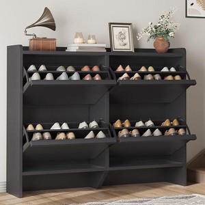 Shoe Cabinet with Flip-Down Doors - Space-Saving Entryway Organizer with Adjustable Shelf, Wooden Shoe Storage - 1 of 4