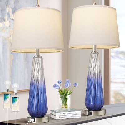 Chic Crate 27.5″ Modern Glass Table Lamps Set of 2 – Touch-Control, 3‑Way Dimmable with USB‑A & USB‑C Ports