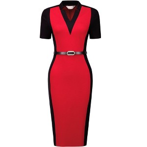 Hobemty Women's Contrast Color V Neck Short Sleeve Office Pencil Sheath Dresses - 1 of 4