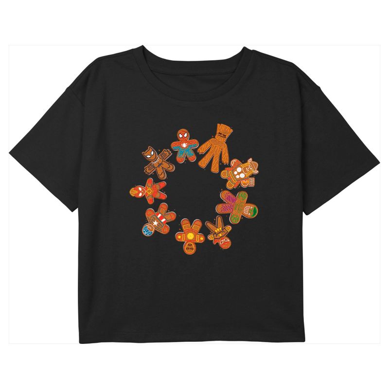 Girl's Marvel Christmas Gingerbread Cookie Circle Avengers Crop T-Shirt, 1 of 4