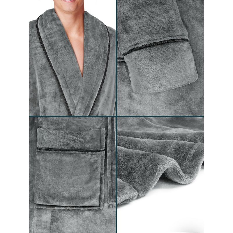PAVILIA Mens Soft Robe, Plush Warm Bathrobe for Men, Long Spa Fleece Flannel with Shawl Collar, Pockets, Trim Piping, 5 of 8