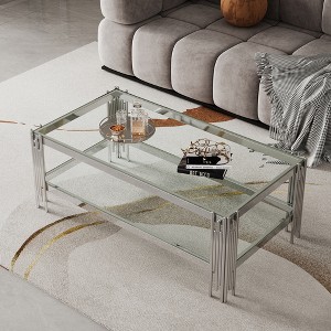 Top and Bottom Double Layer Tempered Glass Coffee Table and Mirror Finished Stainless Steel Frame - 1 of 1