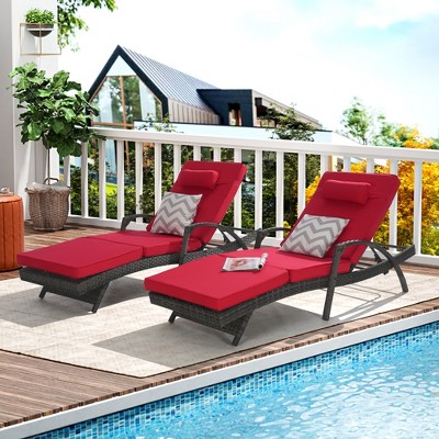 Set of 2 Outdoor Lounge Chair 5-Position Chaise Lounge Wicker Long Reclining Chair Lawn Sunbathing Chairs with Cushion, Gray/Beige/Blue/Red-ModernLuxe